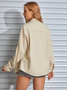 SHEIN EZwear Flap Pocket Drop Shoulder Denim Jacket - Khaki - View 3