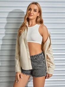 SHEIN EZwear Flap Pocket Drop Shoulder Denim Jacket - Khaki - View 4