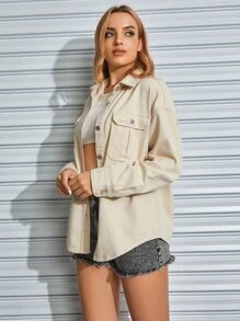 SHEIN EZwear Flap Pocket Drop Shoulder Denim Jacket - Khaki - View 6