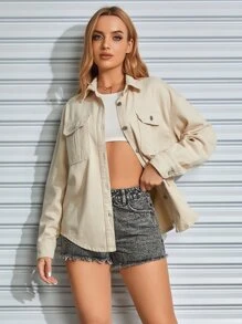 SHEIN EZwear Flap Pocket Drop Shoulder Denim Jacket - Khaki - View 2