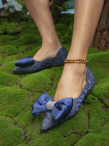魅力四射鞋女士水鑽和蝴蝶結裝飾尖頭緞面平底鞋 - 藍色 - 查看 1