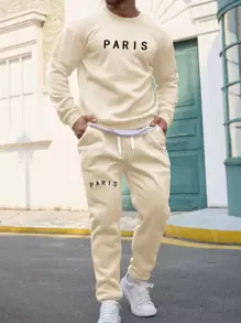 Manfinity Homme 男士字母圖案衛衣和衛褲 - 卡其色 - 查看 1