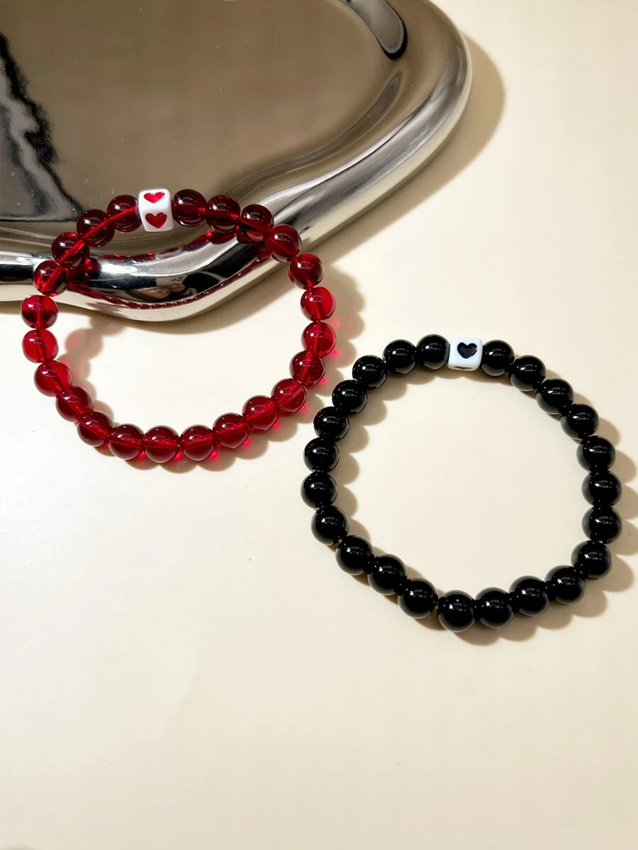 2入組/套愛心細節串珠手鏈 - 彩色 - 查看 1