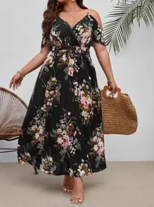 SHEIN VCAY 大码波西米亚风花卉印花露肩开叉大腿束带连衣裙，适合夏季 - 黑色 - 查看 3