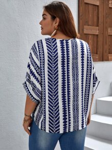 SHEIN LUNE Áo sơ mi Plus Size Thắt nơ trước Hình học Boho - Màu xanh hải quân - Xem 2