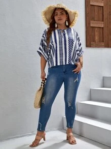 SHEIN LUNE Áo sơ mi Plus Size Thắt nơ trước Hình học Boho - Màu xanh hải quân - Xem 3
