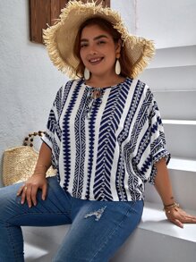 SHEIN LUNE Áo sơ mi Plus Size Thắt nơ trước Hình học Boho - Màu xanh hải quân - Xem 4
