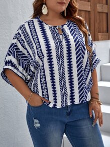 SHEIN LUNE Áo sơ mi Plus Size Thắt nơ trước Hình học Boho - Màu xanh hải quân - Xem 5