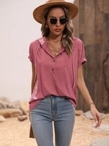 SHEIN LUNE 四分之一按鈕蝙蝠袖抽繩連帽T恤 - 藕粉色 - 查看 5