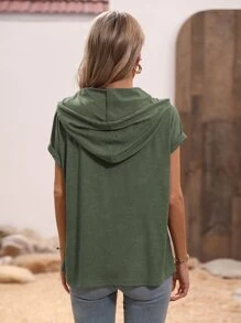 SHEIN LUNE Quarter Button Batwing Sleeve Drawstring Hooded Tee - Army Green - View 2