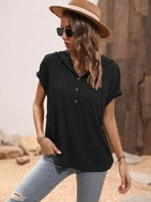 SHEIN LUNE Áo thun nữ Dây kéo Nút phía trước màu trơn Giải trí - màu đen - Xem 6