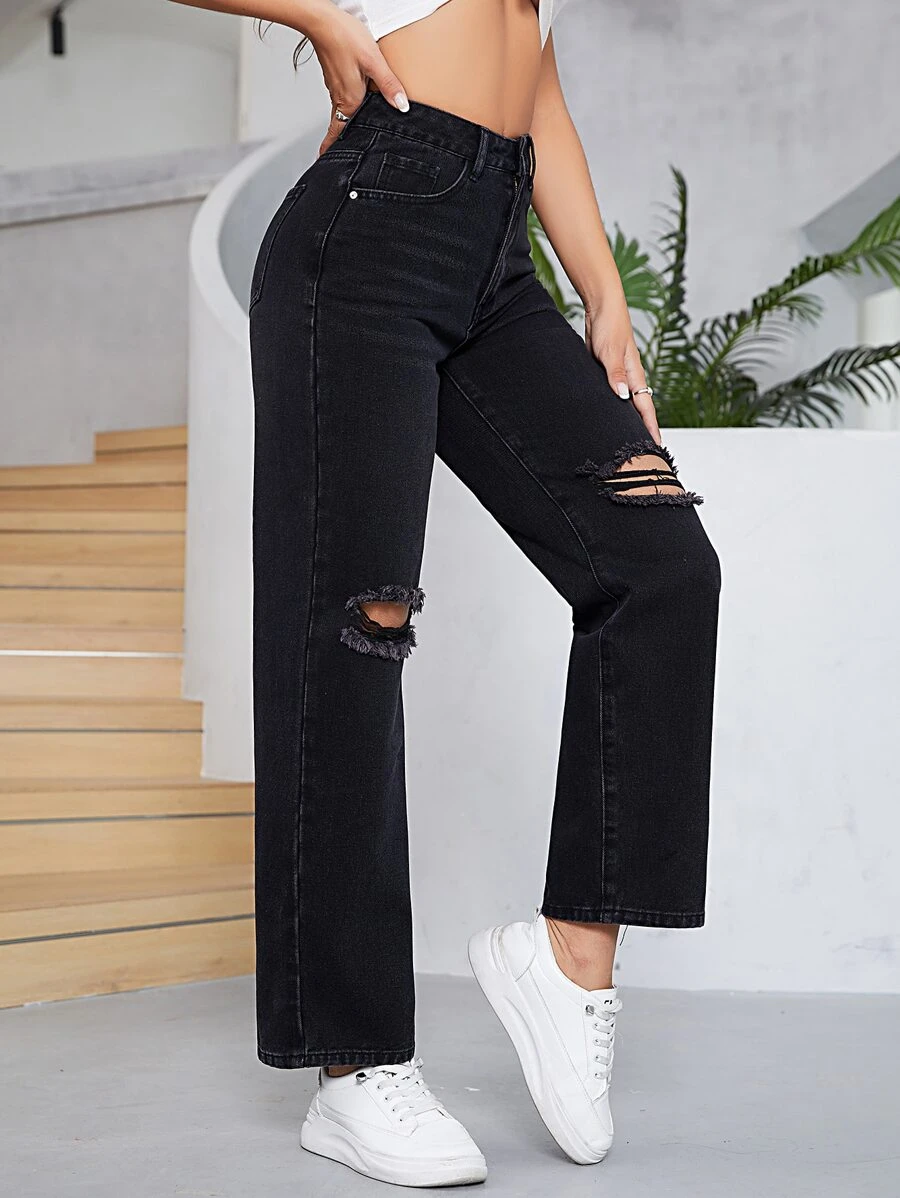 Ripped Straight Leg Jeans - Black - View 1