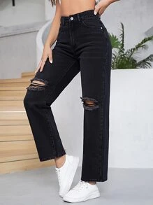 Ripped Straight Leg Jeans - Black - View 4
