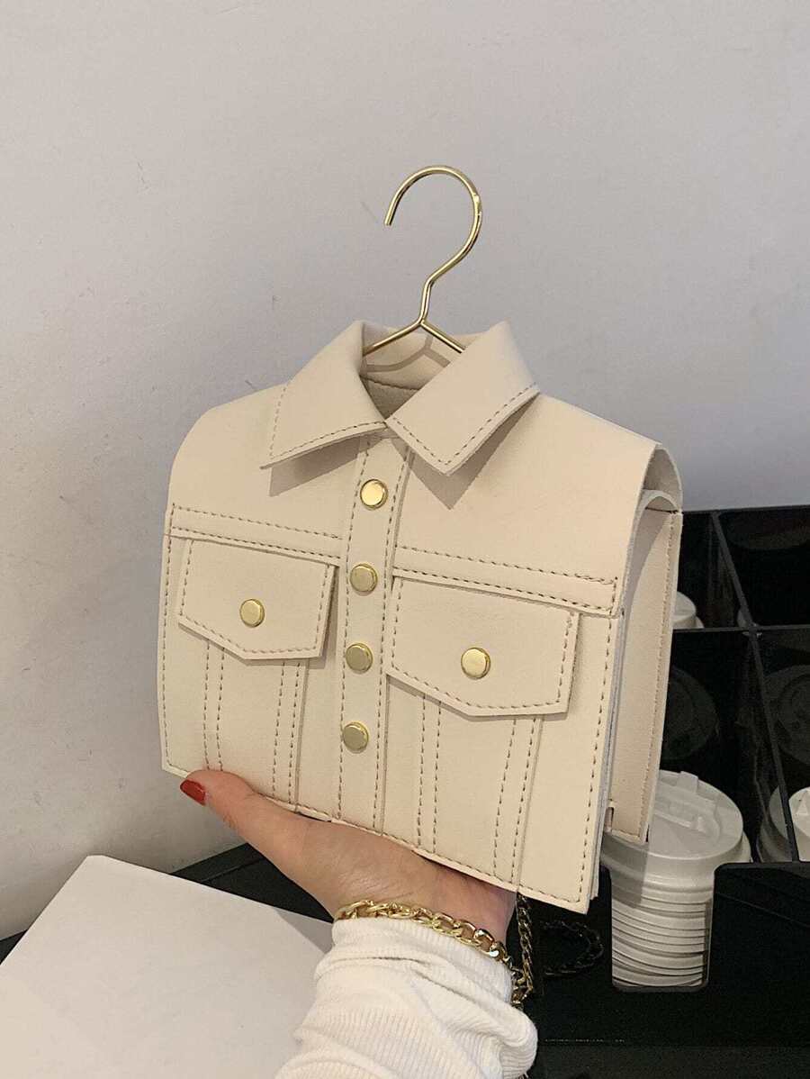 時尚衣服造型鉚釘鏈條斜挎包,附迷你蓋子 - 米色 - 查看 1