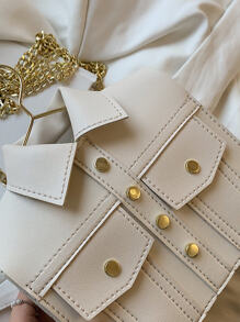 時尚衣服造型鉚釘鏈條斜挎包,附迷你蓋子 - 米色 - 查看 7