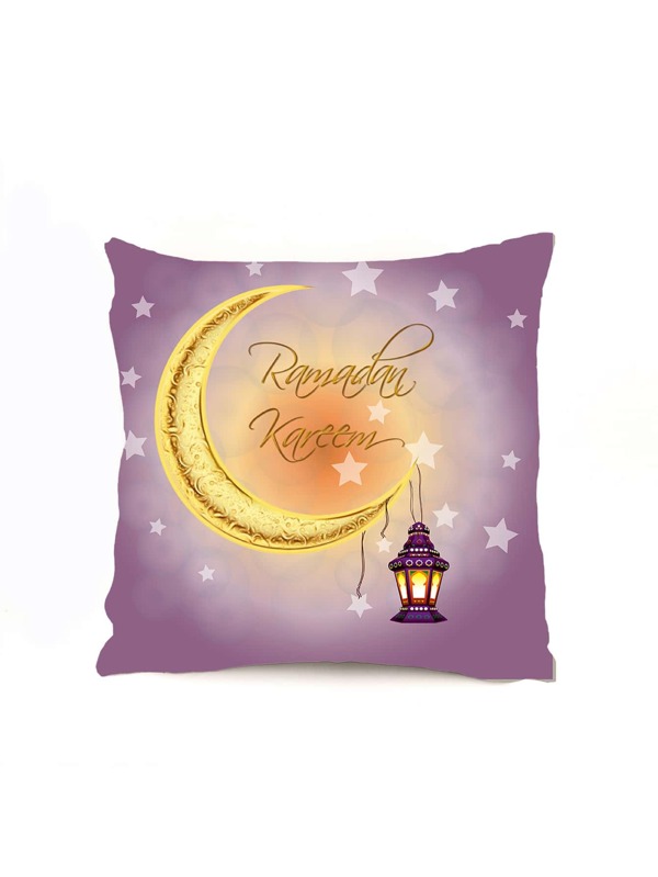 1pc Eid Chandelier & & Moon & Star Pattern Cushion Cover Without Filler, Knitted Fabric Square Decorative Cushion Cover For Eid