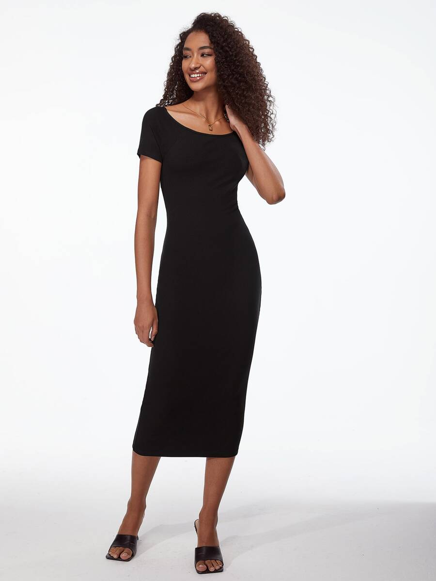 SHEIN BASICS Solid Round Neck Bodycon Dress - Black - View 1