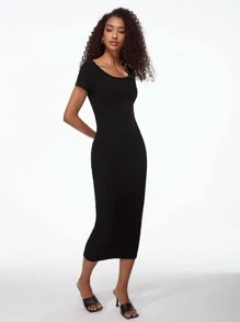 SHEIN BASICS Solid Round Neck Bodycon Dress - Black - View 3