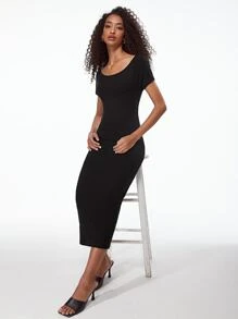 SHEIN BASICS Solid Round Neck Bodycon Dress - Black - View 5