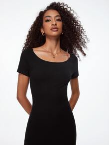 SHEIN BASICS Solid Round Neck Bodycon Dress - Black - View 6
