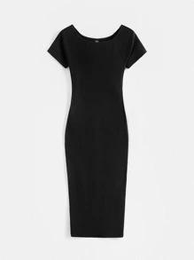 SHEIN BASICS Solid Round Neck Bodycon Dress - Black - View 8