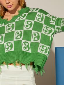 Checker Heart Yin & Yang Distressed Sweater - Nhiều màu - Xem 4
