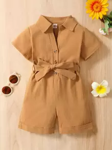 Baby Half Button Belted Romper - Camel - View 1