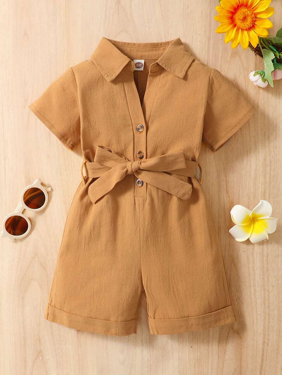 Baby Half Button Belted Romper - Camel - View 1