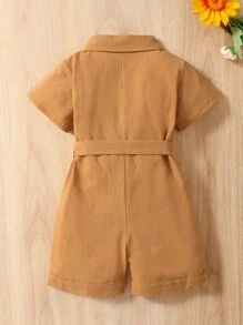 Baby Half Button Belted Romper - Camel - View 2