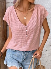 SHEIN LUNE Camiseta unicolor con diseño de botón de manga murciélago - Rosa - Ver 3