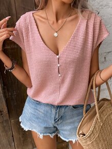 SHEIN LUNE Camiseta unicolor con diseño de botón de manga murciélago - Rosa - Ver 4