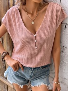 SHEIN LUNE Camiseta unicolor con diseño de botón de manga murciélago - Rosa - Ver 5