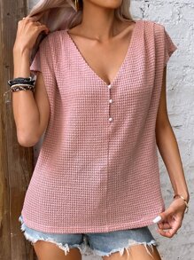 SHEIN LUNE Camiseta unicolor con diseño de botón de manga murciélago - Rosa - Ver 6