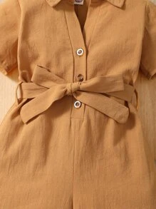 Baby Half Button Belted Romper - Camel - View 4
