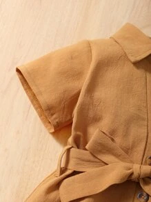 Baby Half Button Belted Romper - Camel - View 5