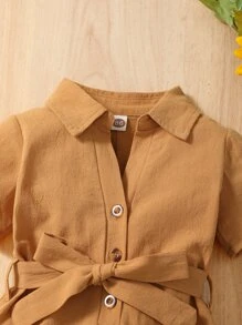 Baby Half Button Belted Romper - Camel - View 6