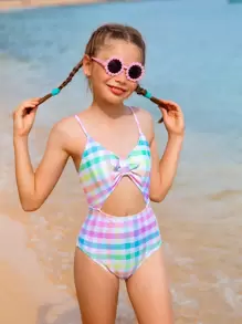 SHEIN Cô gái Tween Kẻ sọc Cắt ra Đồ bơi một mảnh - Nhiều màu - Xem 1