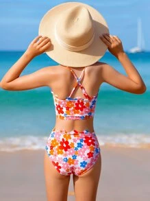 少女花卉印花交叉后背比基尼套装 夏日海滩 - 彩色 - 查看 2