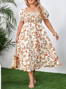 SHEIN VCAY 大碼印花方領泡泡袖連衣裙 - 彩色 - 查看 1