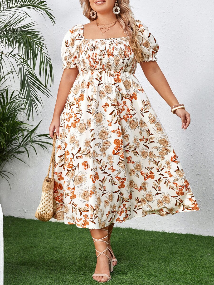 SHEIN VCAY 大碼印花方領泡泡袖連衣裙 - 彩色 - 查看 1