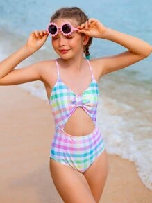 SHEIN Cô gái Tween Kẻ sọc Cắt ra Đồ bơi một mảnh - Nhiều màu - Xem 3