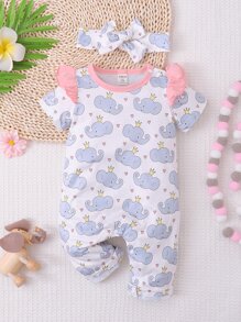 Baby Cartoon Elephant Graphic Ruffle Trim Jumpsuit With Headband - White - View 1