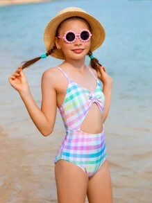 SHEIN Cô gái Tween Kẻ sọc Cắt ra Đồ bơi một mảnh - Nhiều màu - Xem 4