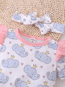 Baby Cartoon Elephant Graphic Ruffle Trim Jumpsuit With Headband - White - View 3