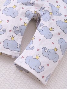 Baby Cartoon Elephant Graphic Ruffle Trim Jumpsuit With Headband - White - View 4
