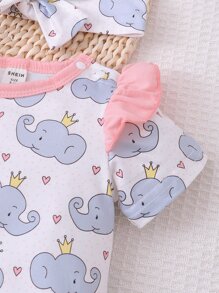 Baby Cartoon Elephant Graphic Ruffle Trim Jumpsuit With Headband - White - View 5