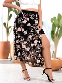 SHEIN Holidaya Plus Floral Print Chiffon Skirt - Multicolor - View 1
