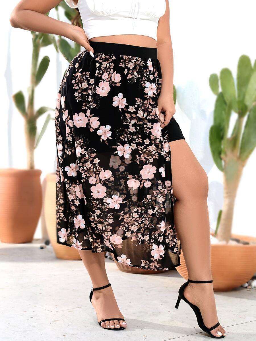 SHEIN Holidaya Plus Floral Print Chiffon Skirt - Multicolor - View 1