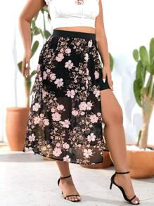 SHEIN Holidaya Plus Floral Print Chiffon Skirt - Multicolor - View 3