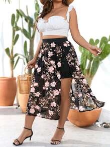 SHEIN Holidaya Plus Floral Print Chiffon Skirt - Multicolor - View 4